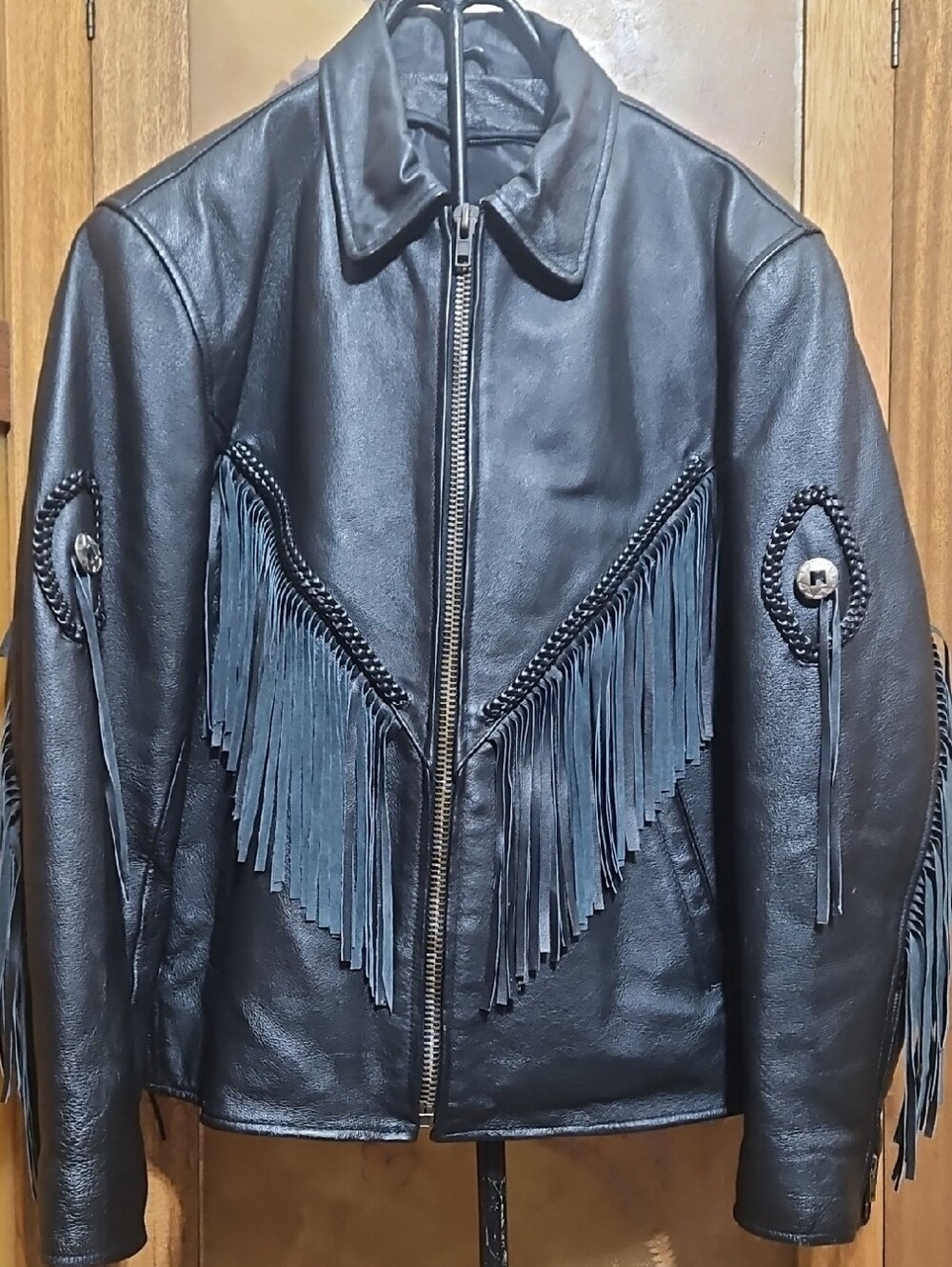 Diamond Plate Black Genuine Leather Fringe Biker Jacket